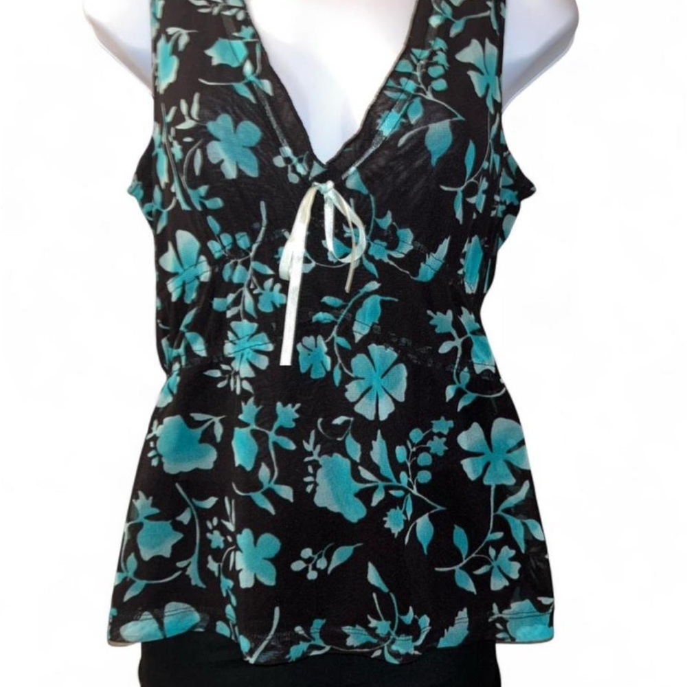 Black and Blue Women's Floral Babydoll Top With Bow